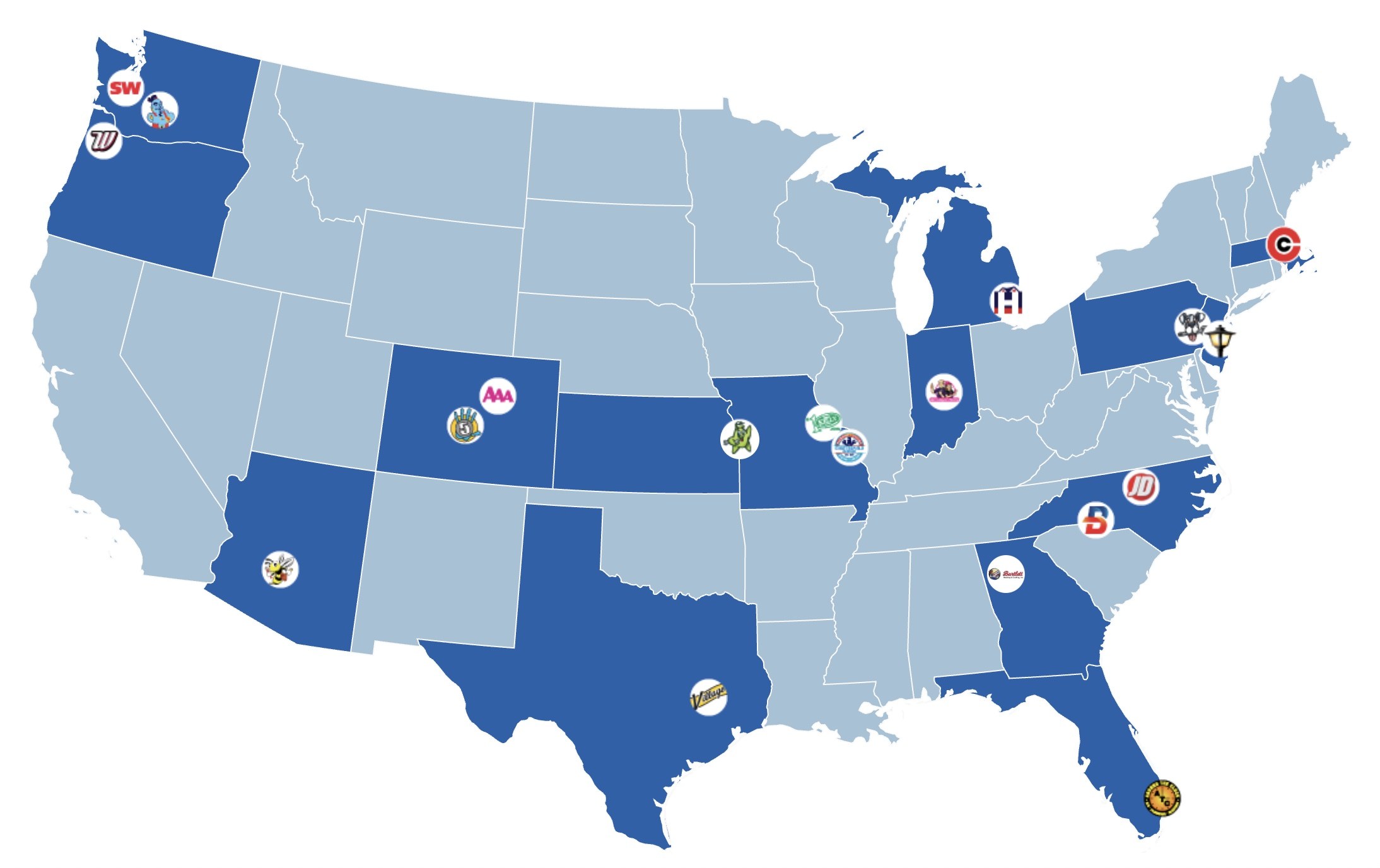 Map of the contiguous United States showing Flint Group partner brand locations across Washington, Arizona, Colorado, Kansas, Missouri, Texas, Illinois, Indiana, Michigan, Pennsylvania, Massachusetts, North Carolina, South Carolina, Georgia, and Florida.