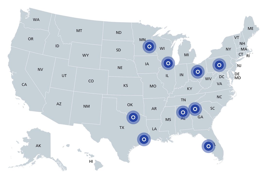 Skybound Service Partners’ U.S. footprint: nine commercial roofing markets spanning the Northeast to Texas and Minnesota to Florida, combining five partner brands with four greenfield branch launches in Houston, Dallas, Birmingham, and Chicago.