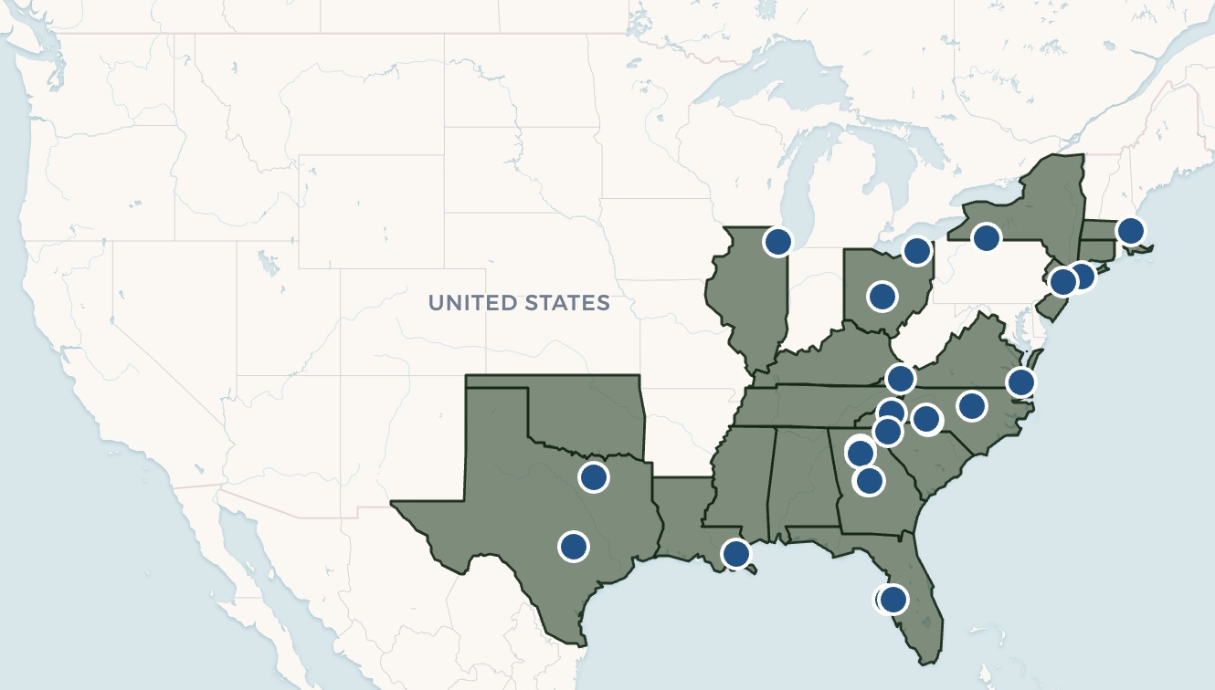 FirstCall Group U.S. footprint map: 26 branches across 12 states from Texas and Louisiana through the Southeast, up the Atlantic seaboard to New England, and into the Midwest at Ohio and Illinois.