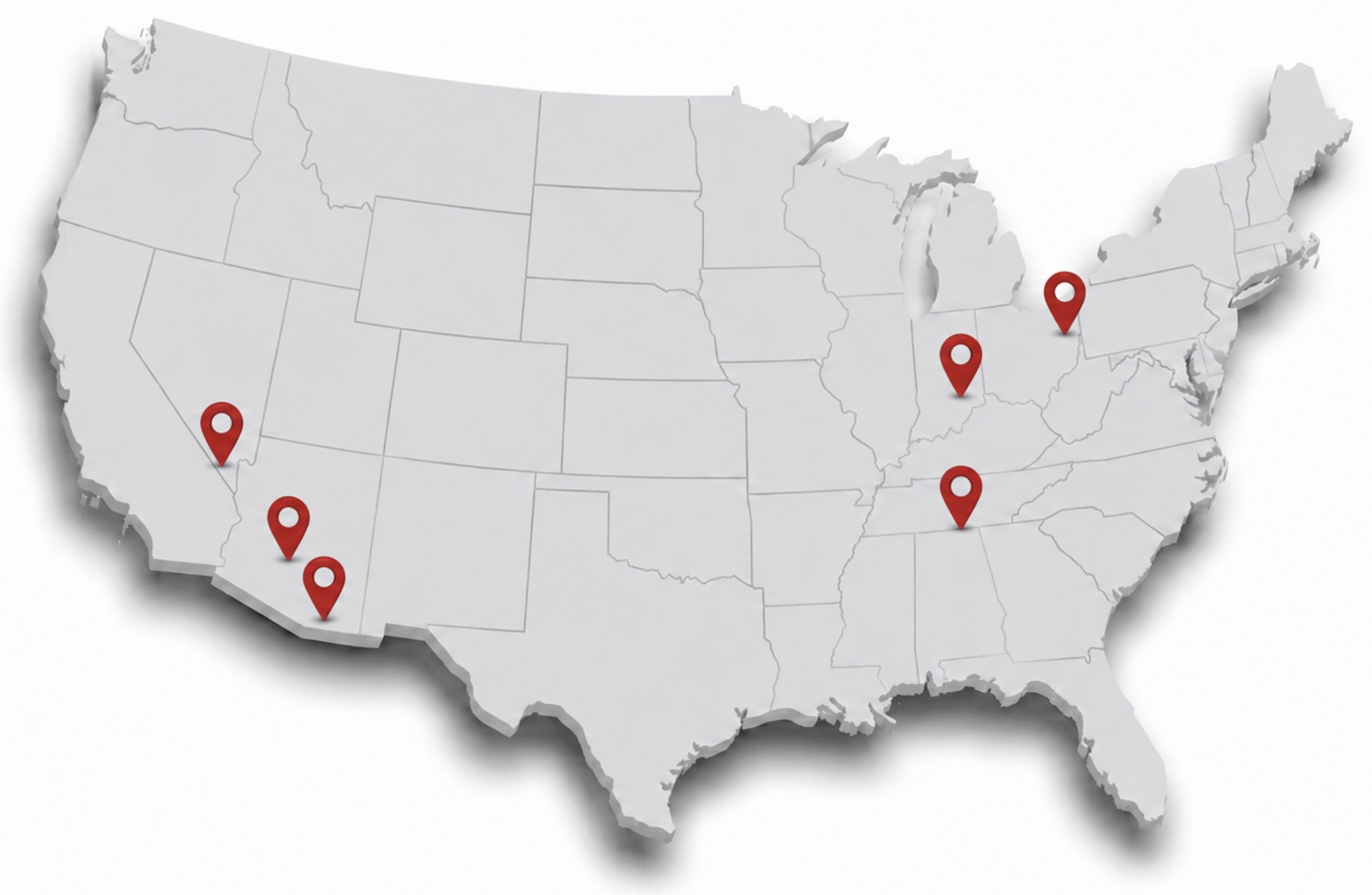 Map of Titan Trades Alliance footprint across the United States, with pins in Las Vegas, the Phoenix area, the Tucson area, Tennessee, Ohio, and Pennsylvania.