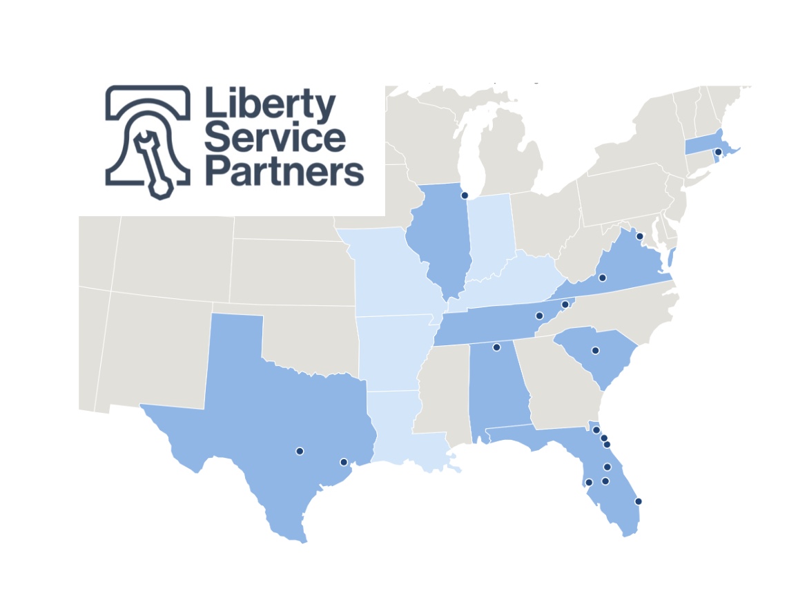 Map of Liberty Service Partners' geographic footprint across the eastern United States, with states shaded where the platform has a brand presence and dots marking each brand city