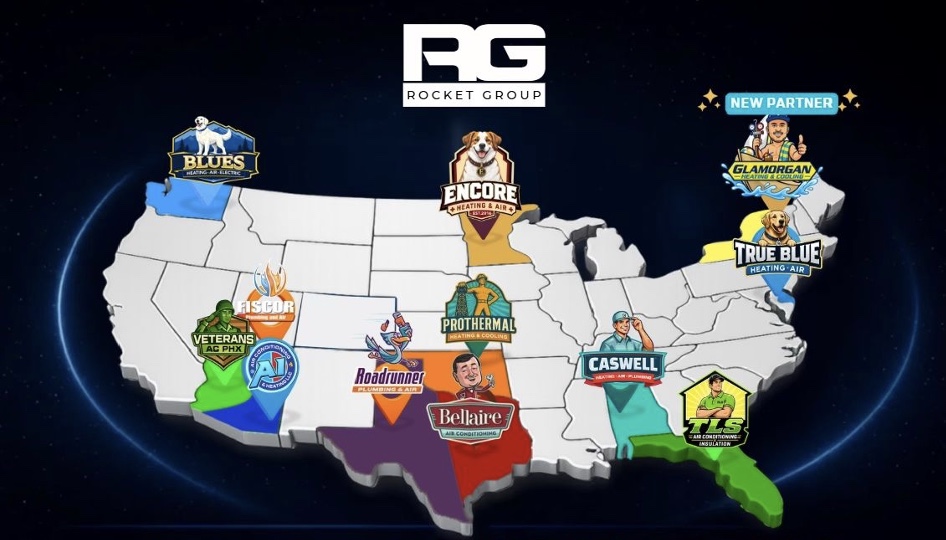 Map of the United States showing Rocket Group’s twelve partner brand logos by region: Blues Heating-Air-Electric in Washington, Encore Heating & Air in Minnesota, Glamorgan Heating & Cooling in New York marked as new partner, True Blue Heating-Air in the Mid-Atlantic, Fiscor Plumbing and Air, Veterans AC PHX and A1 Air Conditioning & Heating in Arizona, Roadrunner Plumbing & Air and Bellaire Air Conditioning in Texas, ProThermal Heating & Cooling in Oklahoma, Caswell Heating-Air-Plumbing in Alabama, and TLS Air Conditioning & Insulation in Florida.