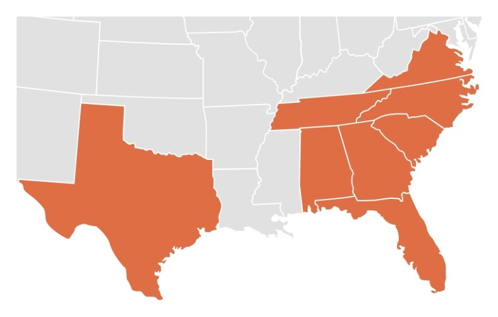 Map of the southeastern United States with Texas, Alabama, Georgia, Florida, Tennessee, South Carolina, North Carolina, and Virginia highlighted, showing Airo Mechanical's operating footprint.