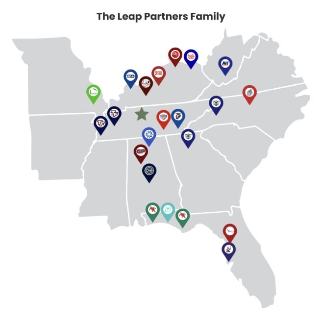 The Leap Partners family: a map of the Southeast showing Leap's acquired HVAC, plumbing, and electrical brands concentrated across Tennessee, Alabama, Georgia, Kentucky, Missouri, North Carolina, West Virginia, and Florida.