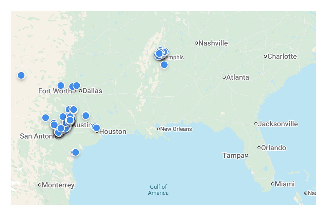 Map of Texas and the mid-South showing Cool Roofs project locations, concentrated in the Austin–New Braunfels–San Antonio corridor with additional clusters near Dallas–Fort Worth, Houston, and Memphis.