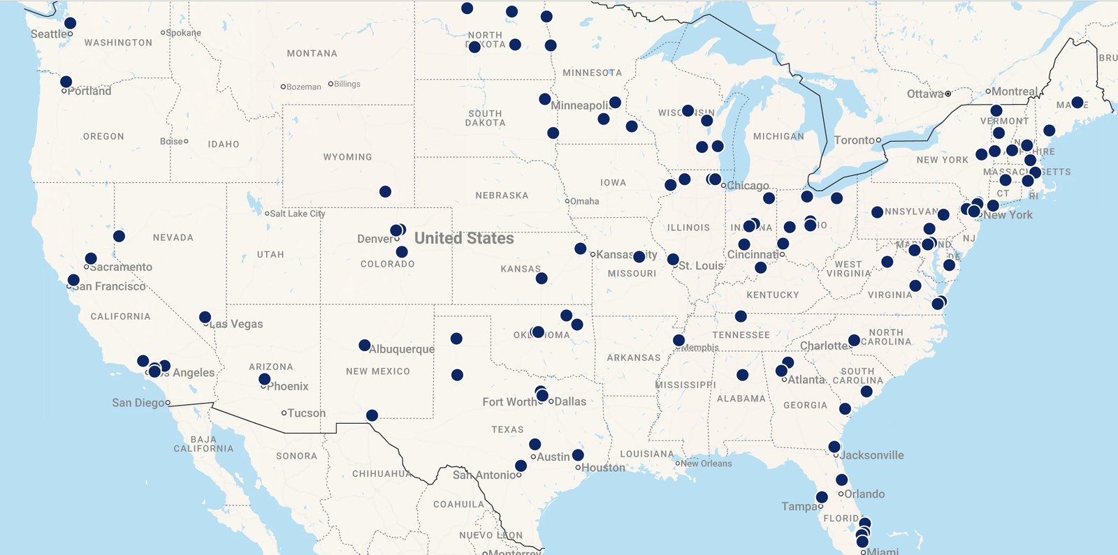 Map of the continental United States marking Tecta America locations, with clusters in the Northeast, the Great Lakes and Chicago area, Texas, Florida, and California.