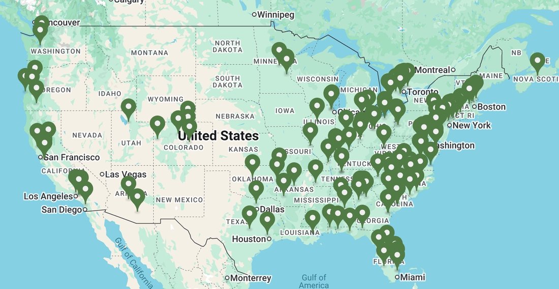 Map of Service Logic locations across the United States and Canada, showing concentrated density through the Southeast, Mid-Atlantic, and Midwest with a thinner presence across the Mountain West and Pacific states.