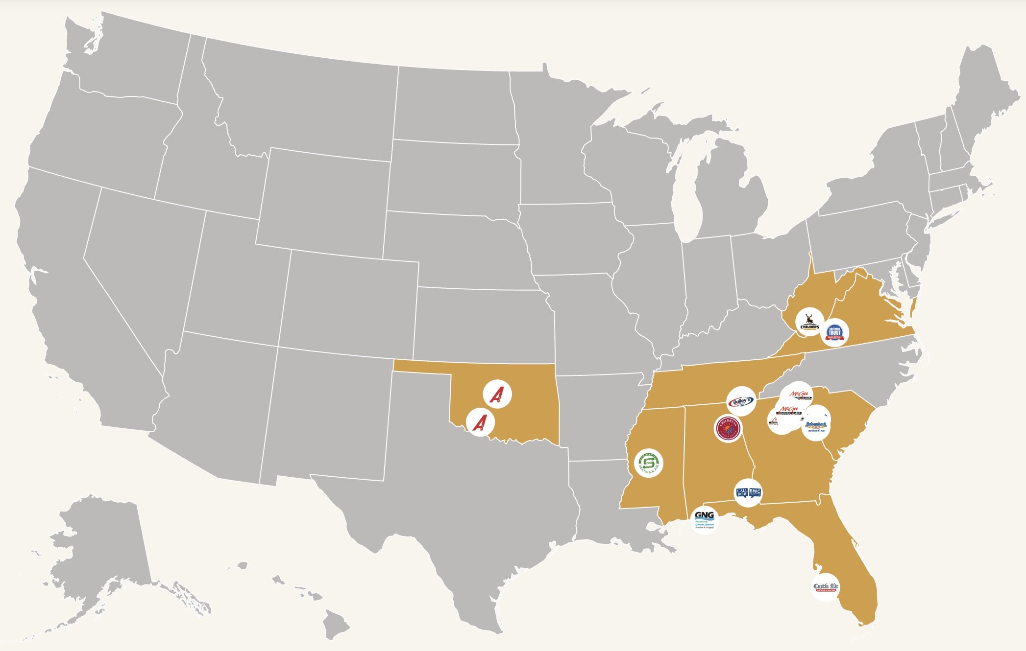 Map of the United States with Service Country partner company logos across Oklahoma, Mississippi, Alabama, Tennessee, Georgia, South Carolina, Florida, West Virginia, and Virginia.