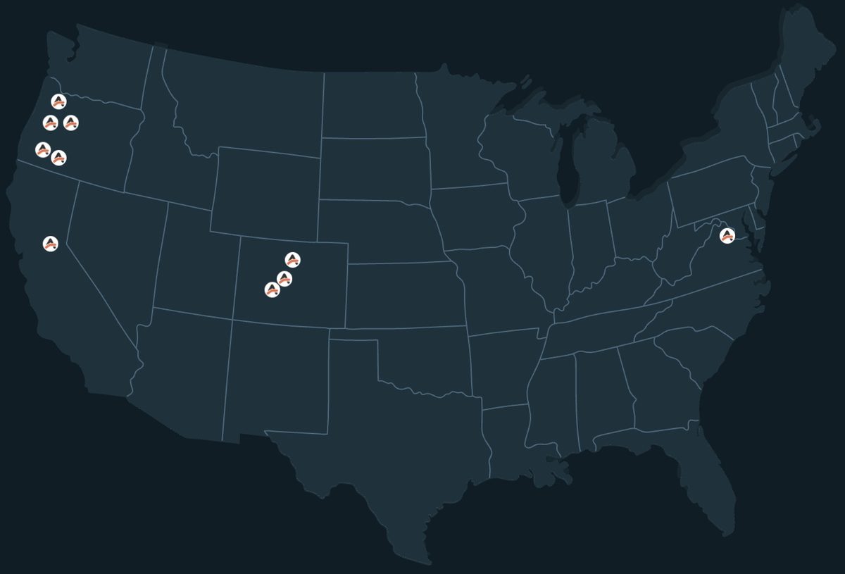 Advantage Services Group U.S. footprint map: operating locations concentrated in the Pacific Northwest (Oregon), Northern California, Colorado, and the Mid-Atlantic (Virginia).