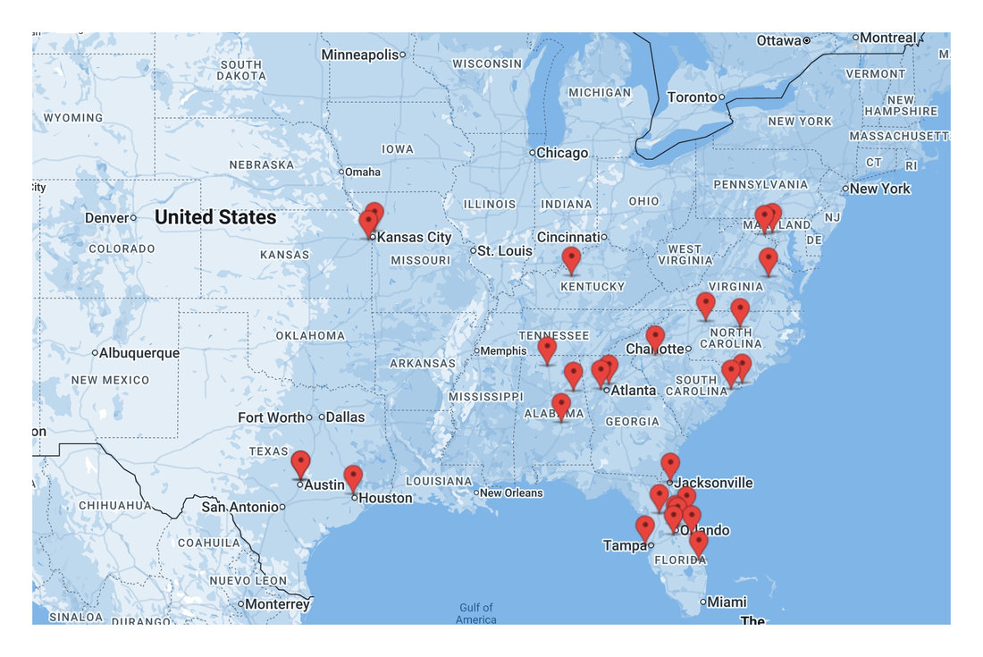 Map of the eastern and central United States showing Southern Home Services brand locations, concentrated in Florida and the Southeast with additional markets in the Mid-Atlantic, Texas, and the Kansas City area.